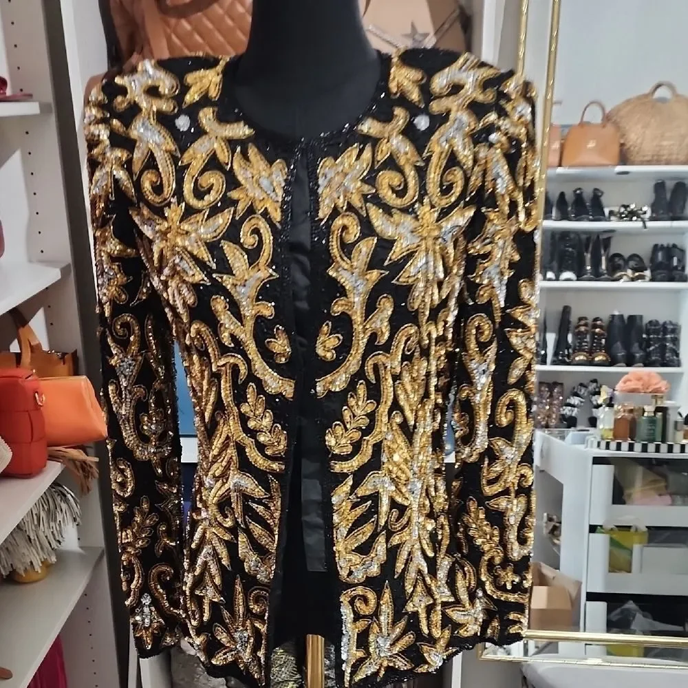 Vintage Laurence Kazar  Black and Gold Women's Jacket - Picture 5 of 7